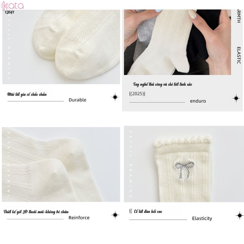 Tất nơ giữa bắp chân thoáng khí,vớ bông mềm mịn kháng khuẩn, chống ma sát không đường may 13041