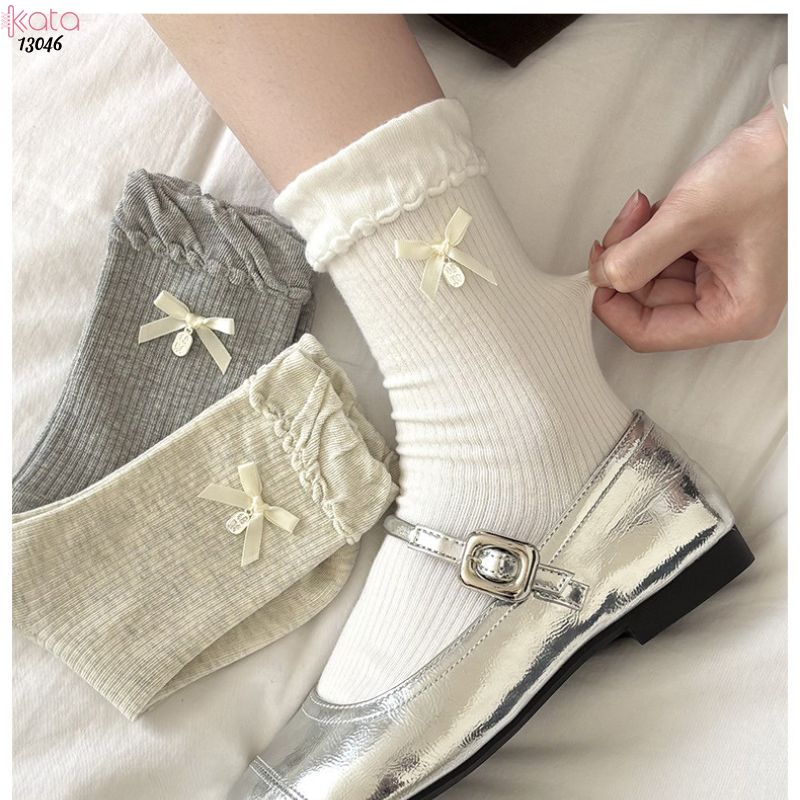 Tất bông cotton lolita,vớ giữa bắp chân gắn nơ 13046