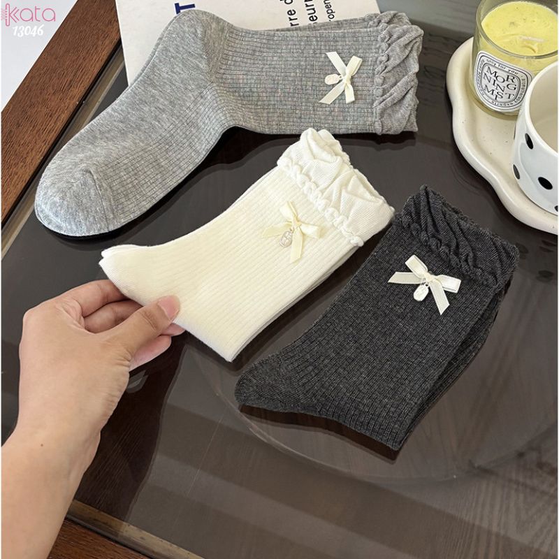 Tất bông cotton lolita,vớ giữa bắp chân gắn nơ 13046
