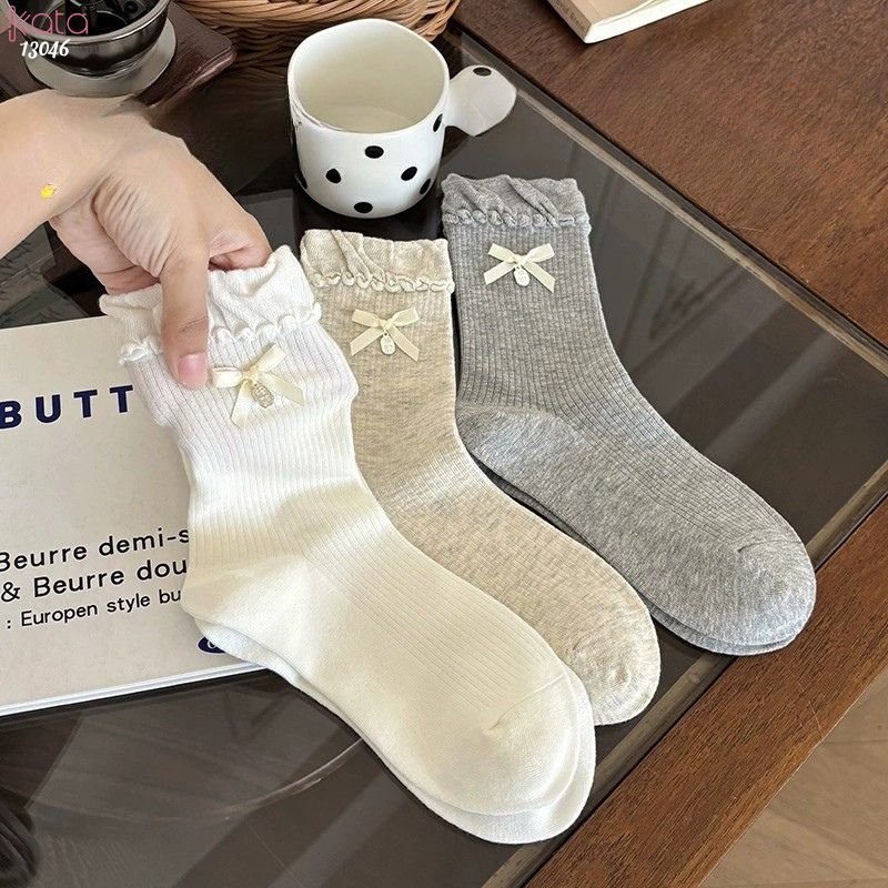 Tất bông cotton lolita,vớ giữa bắp chân gắn nơ 13046