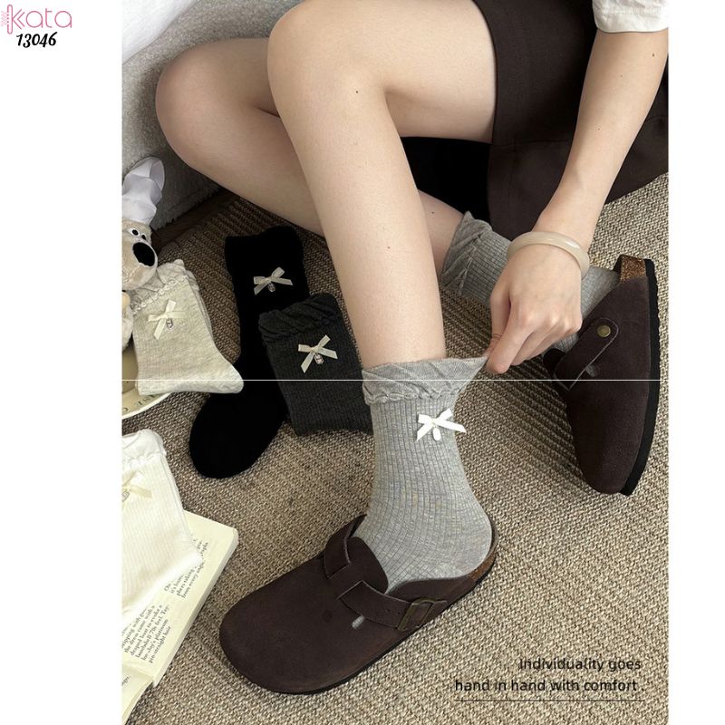 Tất bông cotton lolita,vớ giữa bắp chân gắn nơ 13046