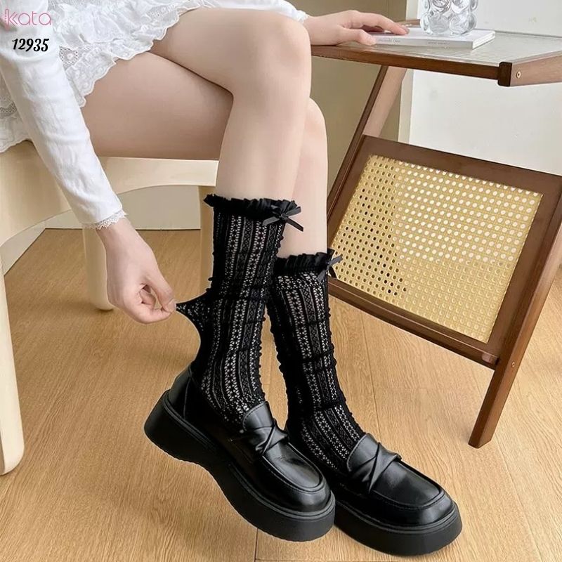 Ống tất nơ lolita,vớ đi bốt, ống chân vải ren ruy băng 12935