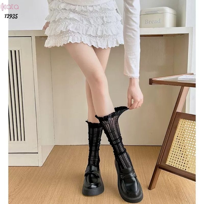 Ống tất nơ lolita,vớ đi bốt, ống chân vải ren ruy băng 12935