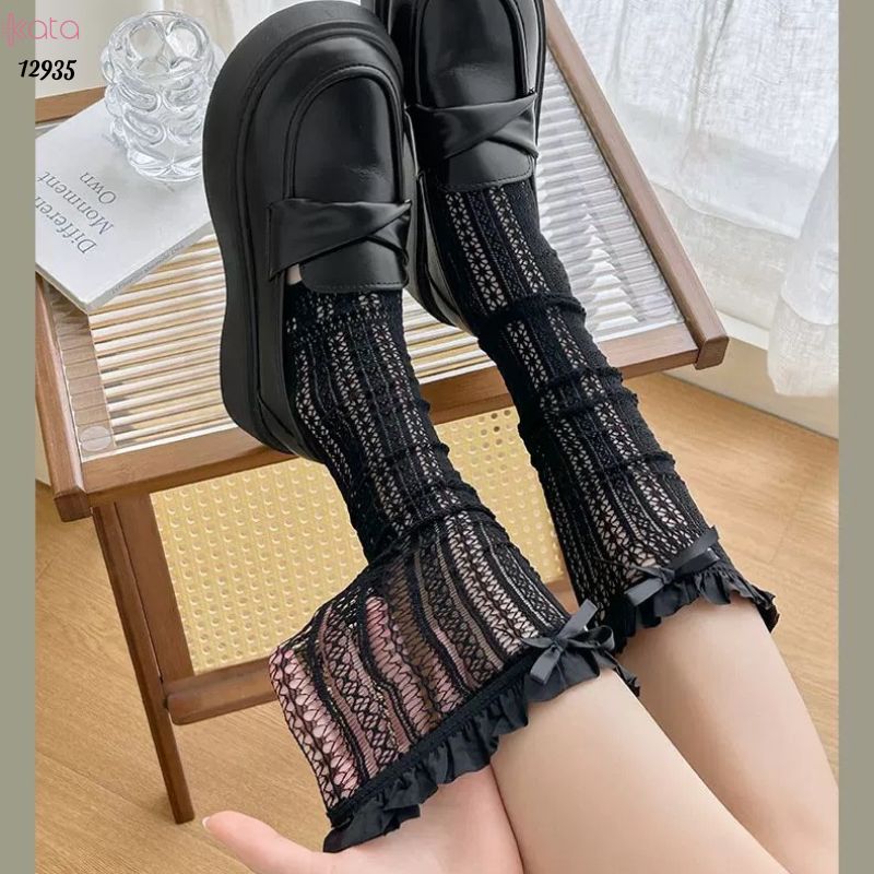 Ống tất nơ lolita,vớ đi bốt, ống chân vải ren ruy băng 12935