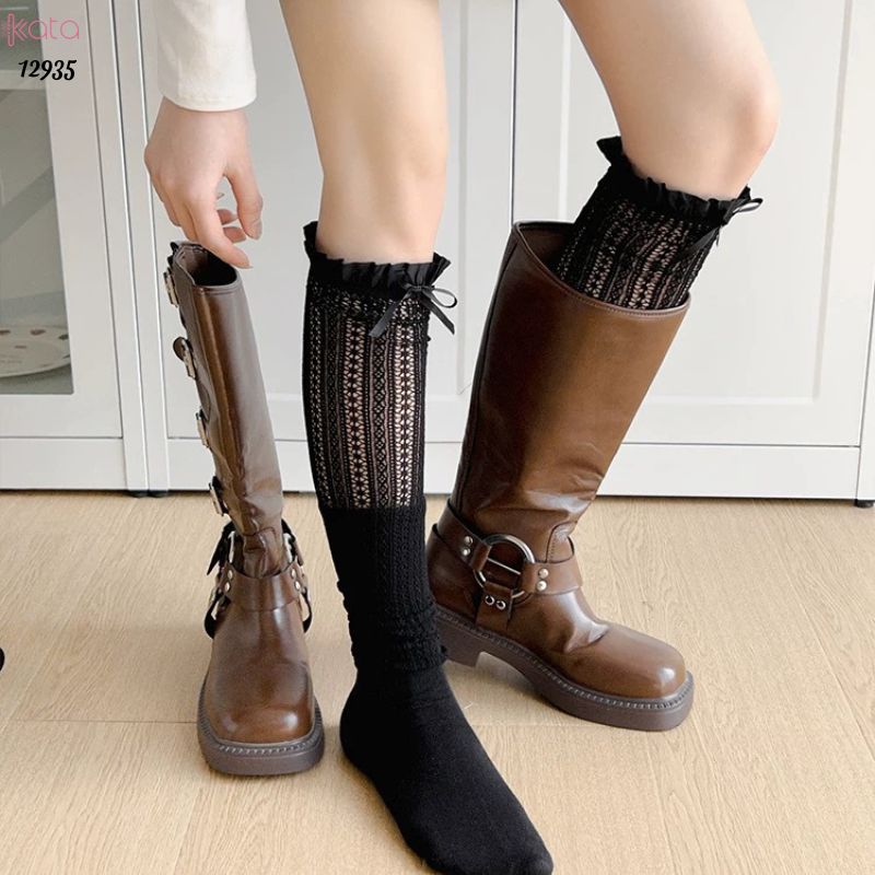 Ống tất nơ lolita,vớ đi bốt, ống chân vải ren ruy băng 12935